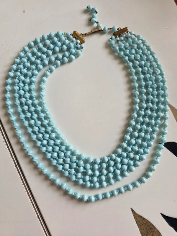 Vintage 1950s Czech Blue Milk Glass Multi Strand Necklace
