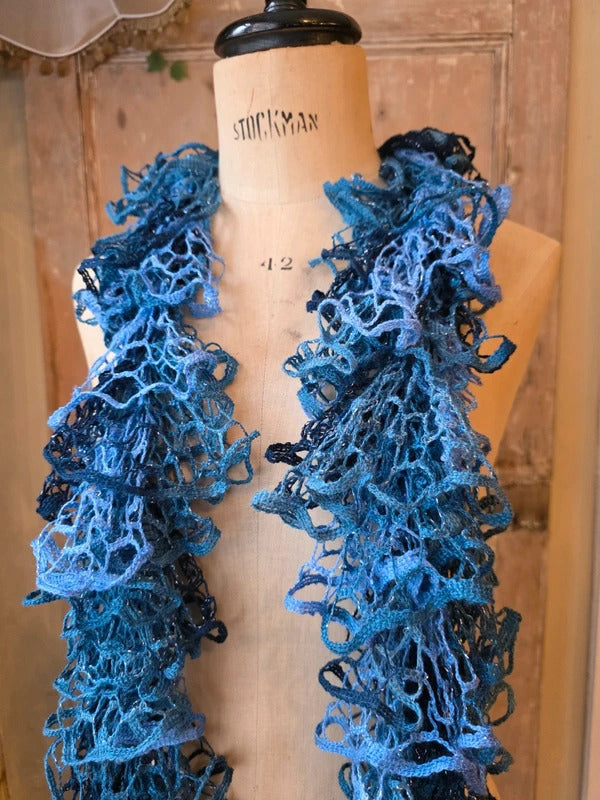 Vintage Y2K Ruffle Skinny Scarf | Crochet Knit Frilly Scarf | Boho Festival Accessory s