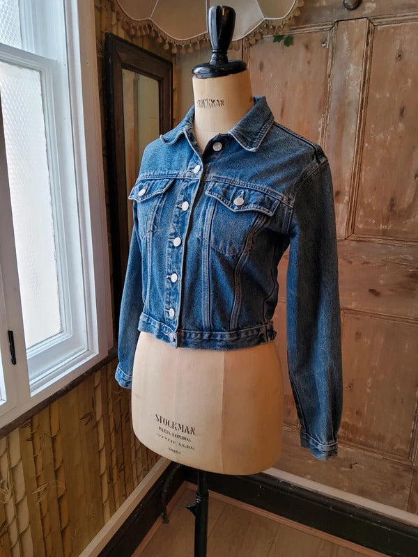 Vintage Y2K Cropped Denim Jacket Green Jeans Streetwear Mid Wash Blue Size S