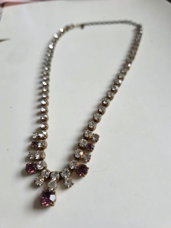 Vintage 1950s Rhinestone Necklace with Amethyst Tone Drops