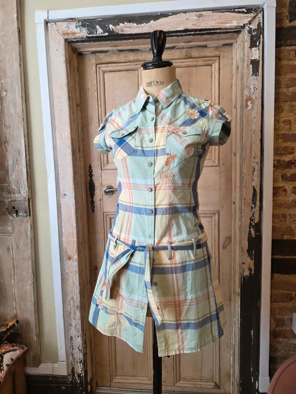Vintage Y2K Kaporal Cotton Shirt Dress | Embroidered Plaid Mini | Preppy | UK8