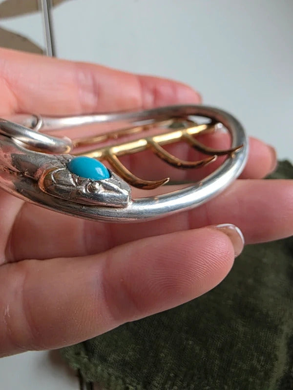 Antique 1920s Art Deco Silver & Brass Snake Belt Buckle with Turquoise Cabochon