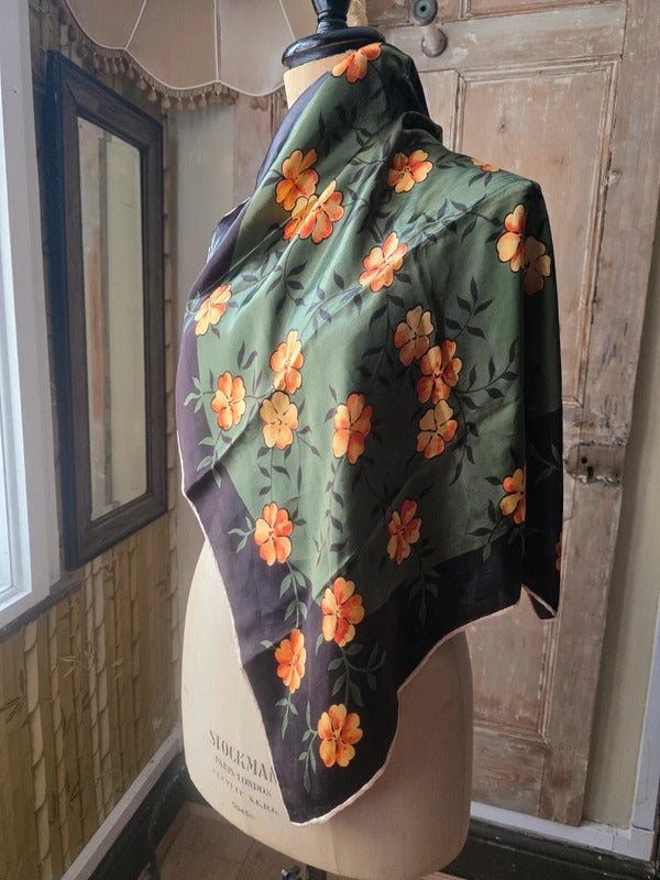 Vintage Silk Floral Scarf - Green & Orange Blossom Print