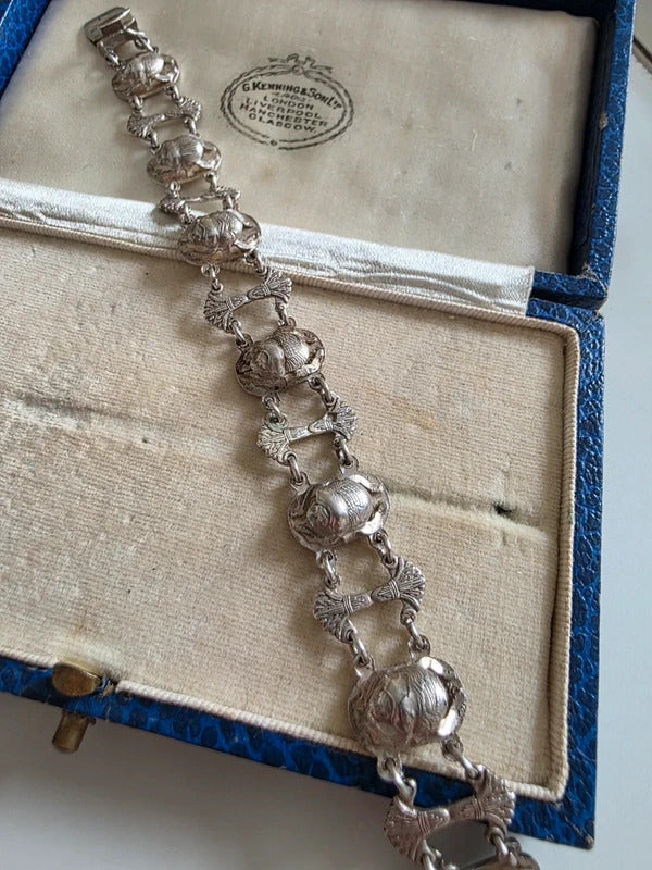 Vintage Egyptian Revival Solid Silver Scarab Bracelet