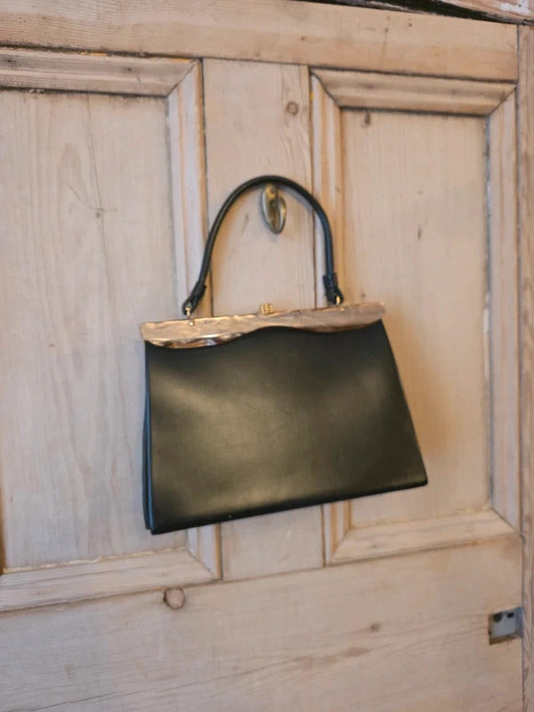 Vintage 1950s Black Handbag with Lucite Detail & Gold-Tone Clasp Classic Mid-Century Style