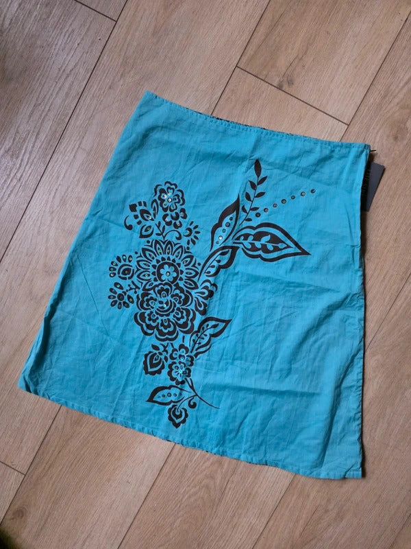 Vintage Y2K Turquoise Cotton Floral Print Skirt | UK 12 | Boho Summer A-Line uk12