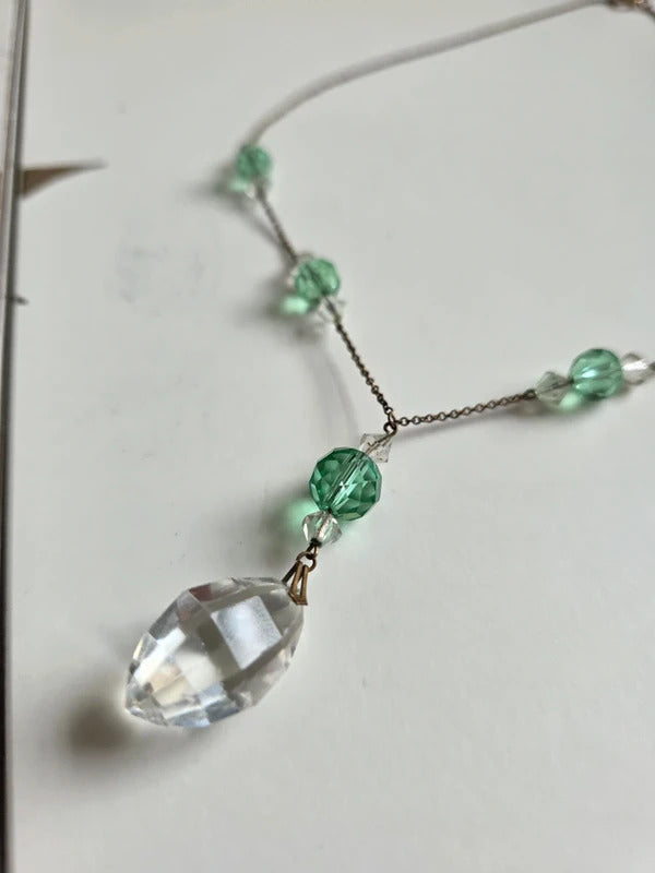 Vintage Art Deco Faceted Glass Drop Necklace – Green & Clear