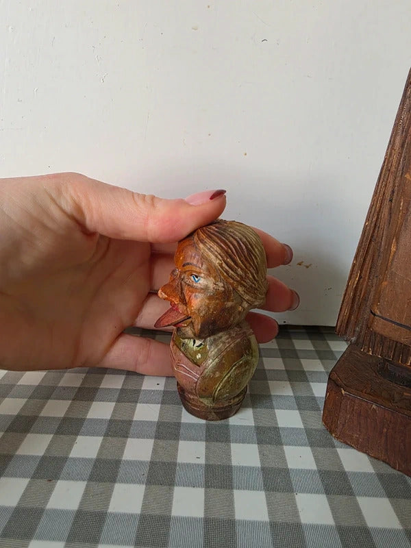 Vintage Hand Carved Folk Art Wooden Figures – Peasant Woman & Novelty Head