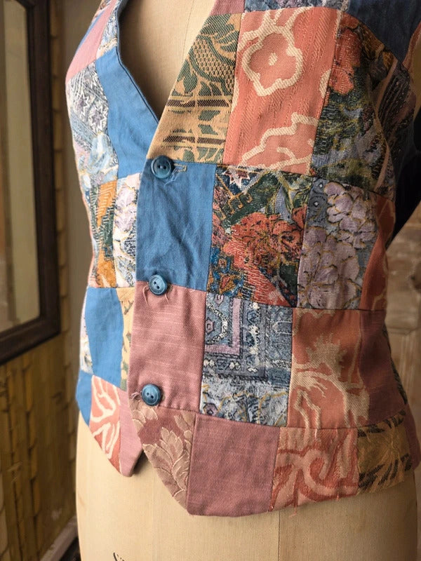 Vintage 1990s Patchwork Tapestry Waistcoat Boho Uk12