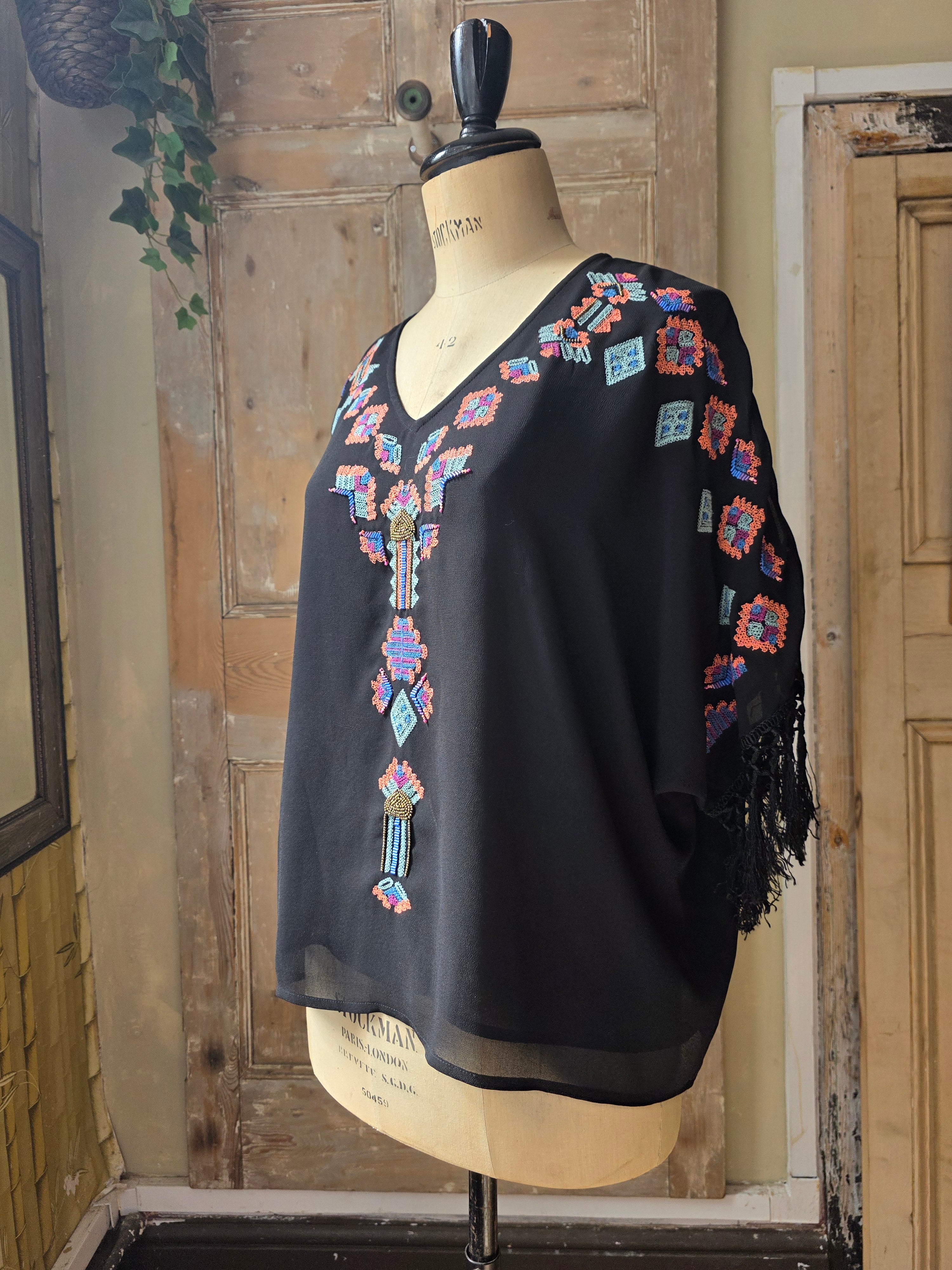 Vintage Biba Aztec Embroidered Beaded Top with Fringe Sleeves – Size 16
