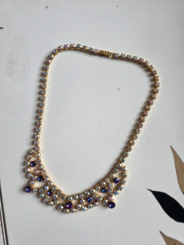 Vintage 1950s Aurora Borealis & Purple Rhinestone Necklace