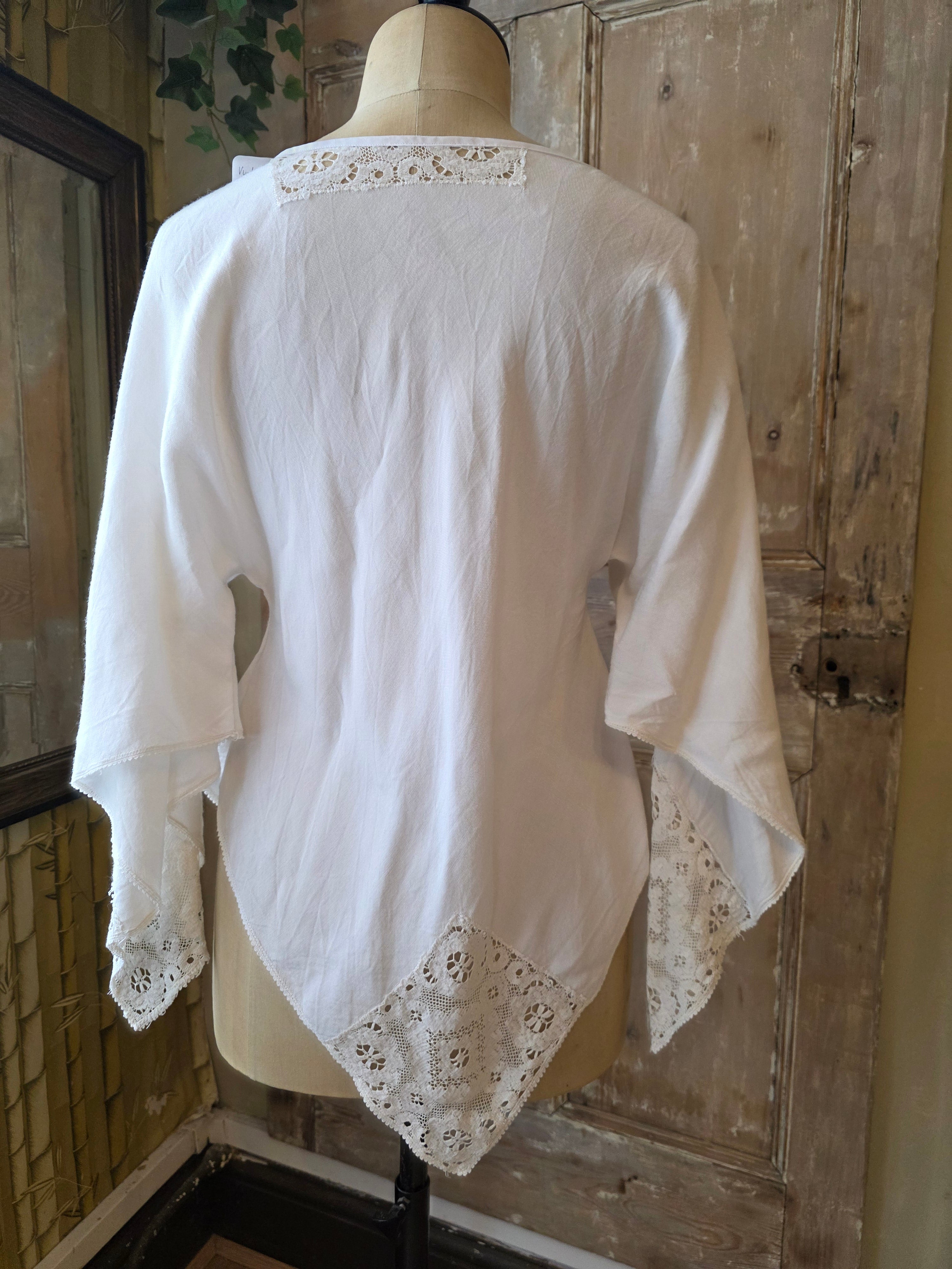 Vintage Upcycled Linen Fairy Top – Handmade Boho Blouse, Open Size, Lace Detail
