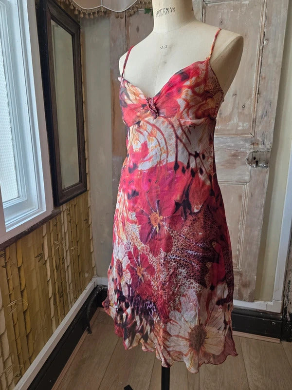 Vintage Y2K fairycore Sandro Ferrone Silk Slip Dress | Red Floral Bias Cut | Made in Italy | Boho Midi | UK 10