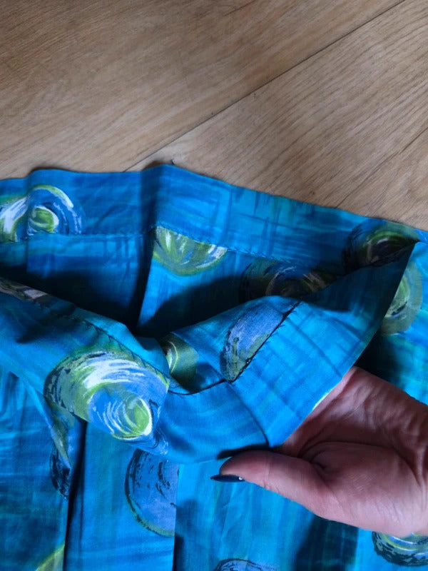 Vintage 1950s Abstract Print Cotton Pleated Skirt | Atomic Mid Century | Blue & Green | UK6
