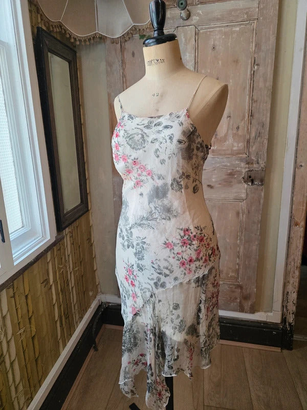 Vintage Y2K fairycore Little Buddha Silk Floral Dress | Handkerchief Hem | Cottagecore Slip | UK 12