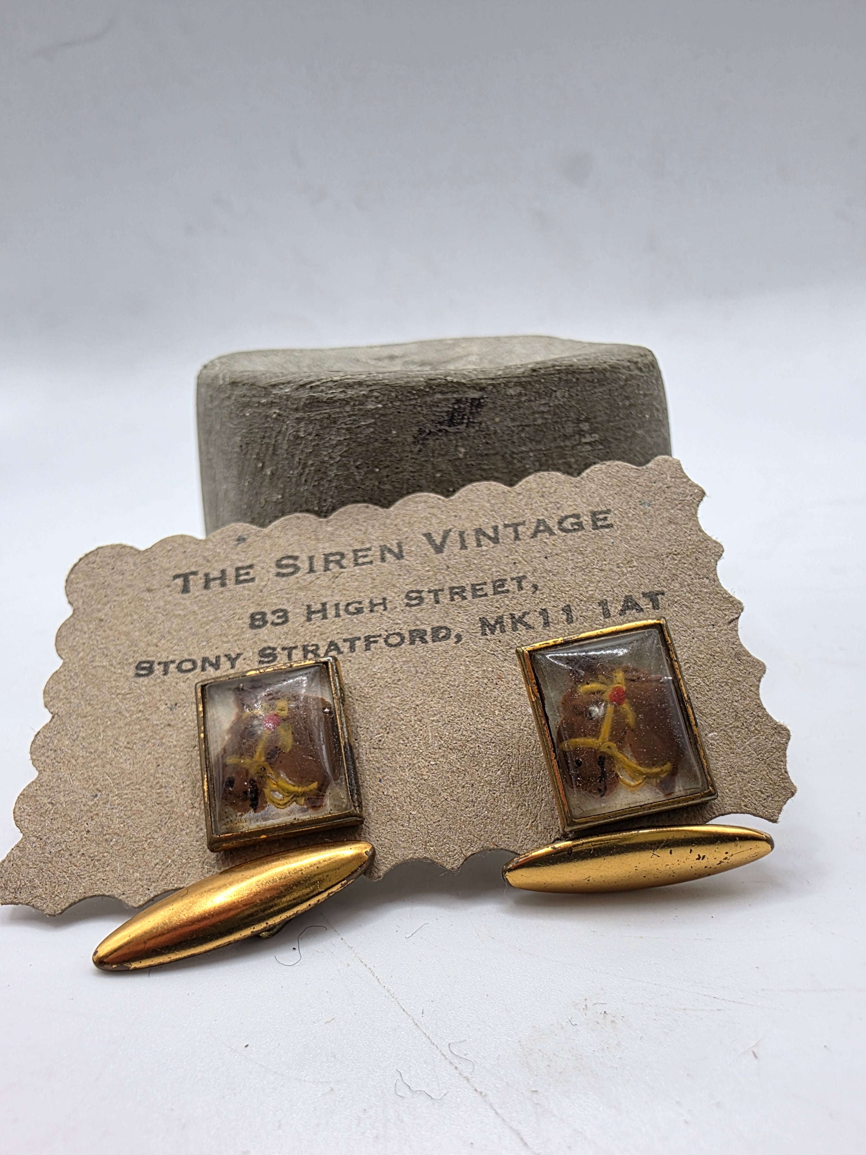 Vintage 1940s horse equestrian lucite gold tone cufflinks