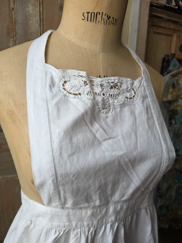 Antique 1920s White Cotton and Lace Apron Pinafore