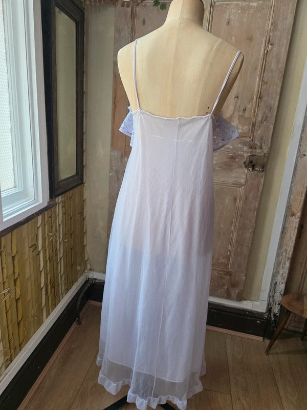 Lilac Maxi Nightgown Vintage 1970s Sheer Nylon with Lace Ruffle