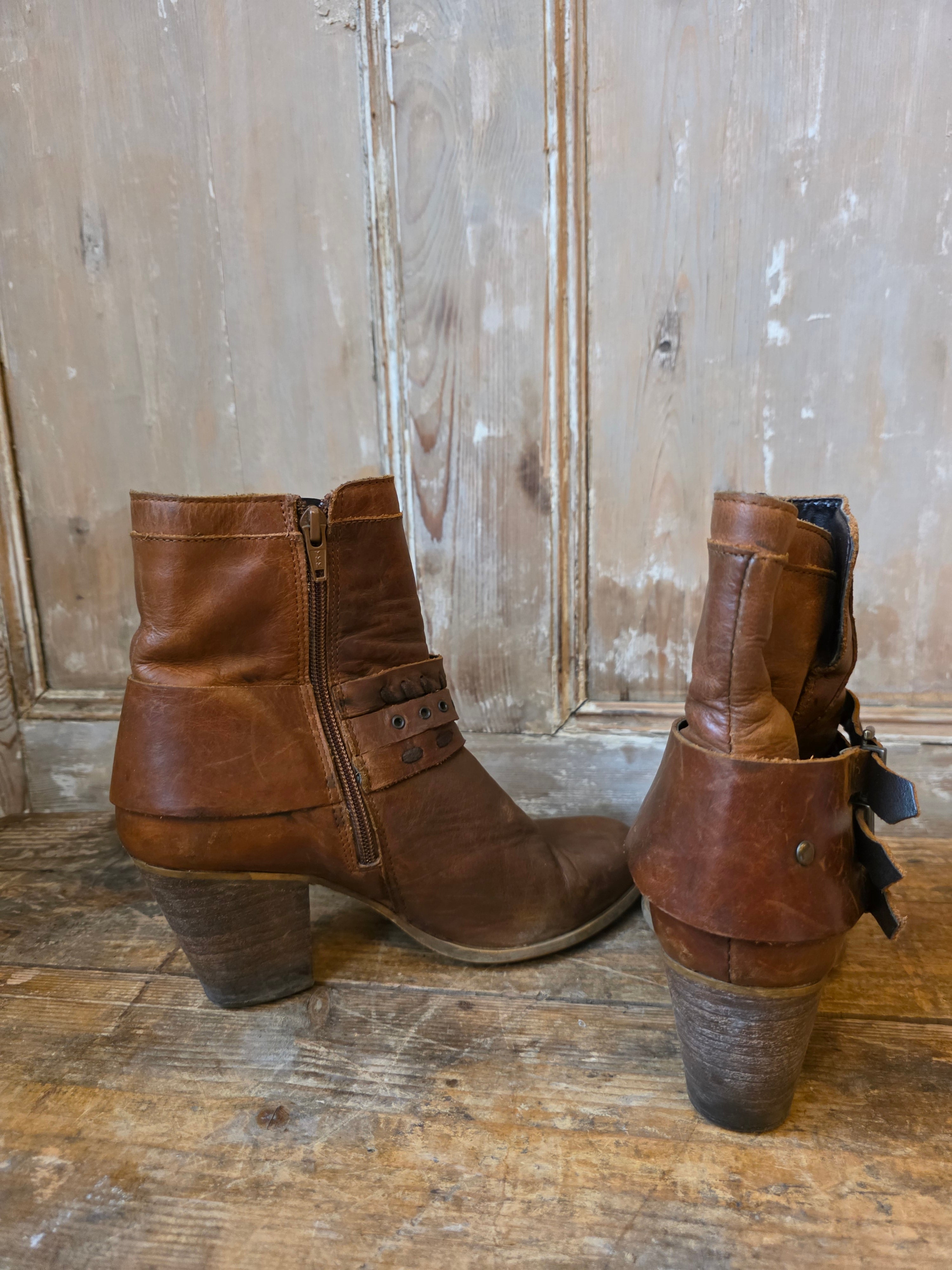 Vintage Y2K Western Style Ankle Boots UK Size 6 Leather Chunky Heel Retro 2000s