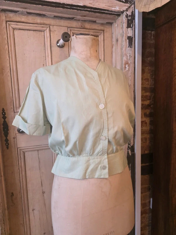 Vintage 1950s Pale Green Fitted Blouse – Charles Hire Worthing, Button Front, Cinched Waist