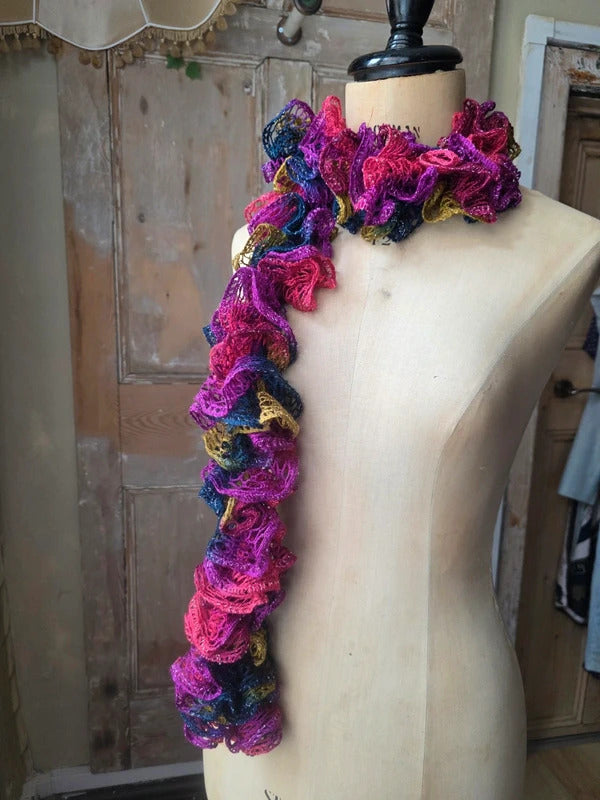 Vintage Y2K Multi-Coloured Crochet Skinny Ruffle Scarf