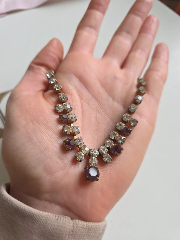 Vintage 1950s Rhinestone Necklace with Amethyst Tone Drops
