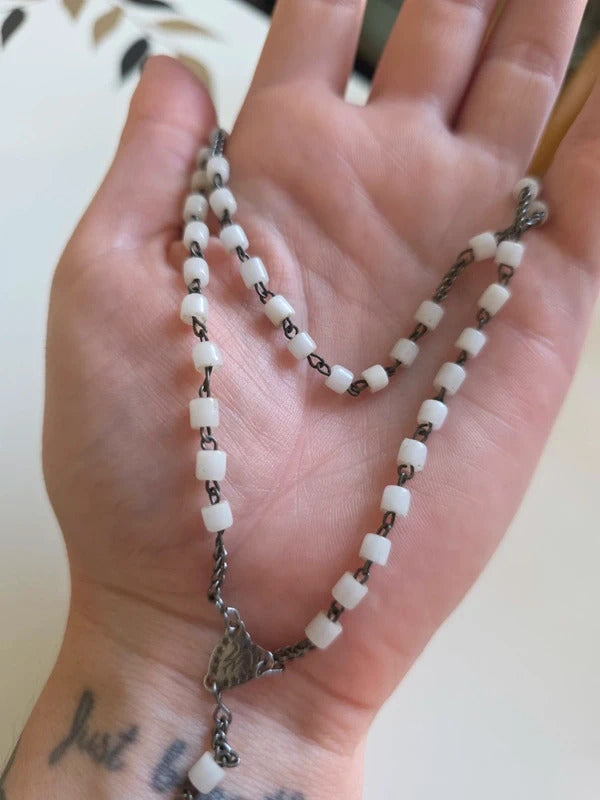 Vintage Milk Glass Rosary Necklace c.1930s–1940s