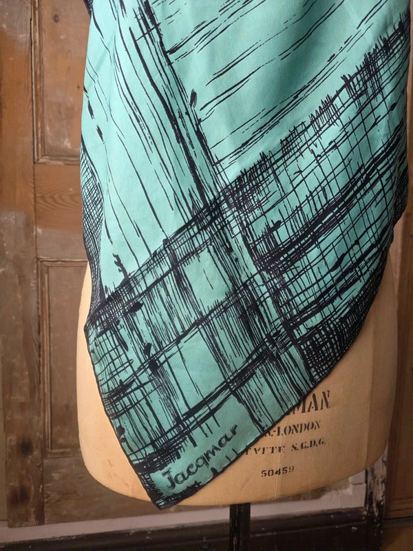 Vintage Silk Jacqmar Blue Scarf - Turquoise Crosshatch Print