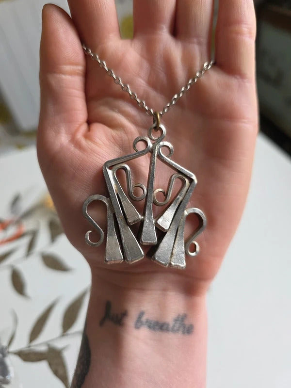 Vintage 1970s  Brutalist Silver Tone Pendant Necklace