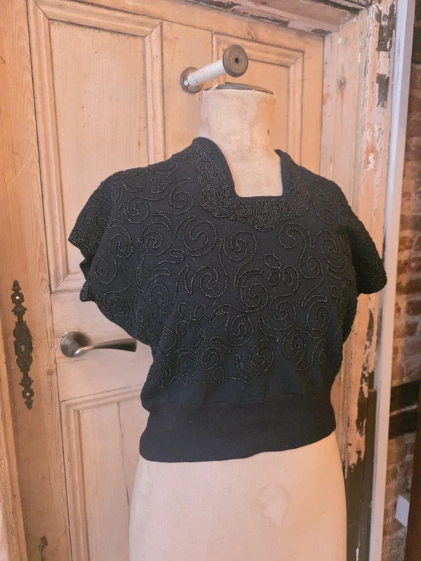Vintage 1940s CC41 Black Beaded Sweater – Utility Label, Embellished Knit Top