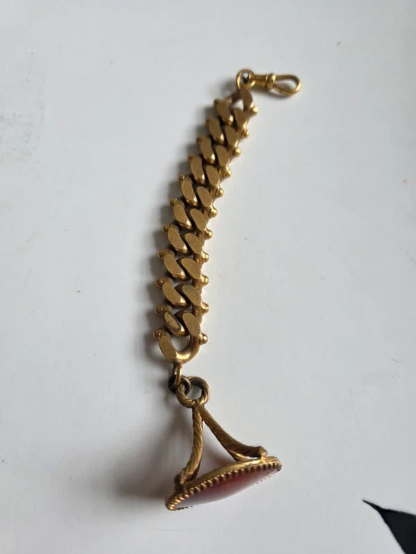 Vintage 1970s Gold Tone Chunky Curb Chain with Banded Agate Fob Charm