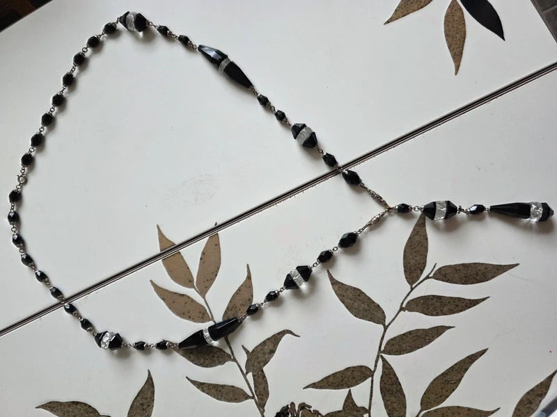 Art Deco Cut Glass Necklace – Black & Clear Long Flapper Style