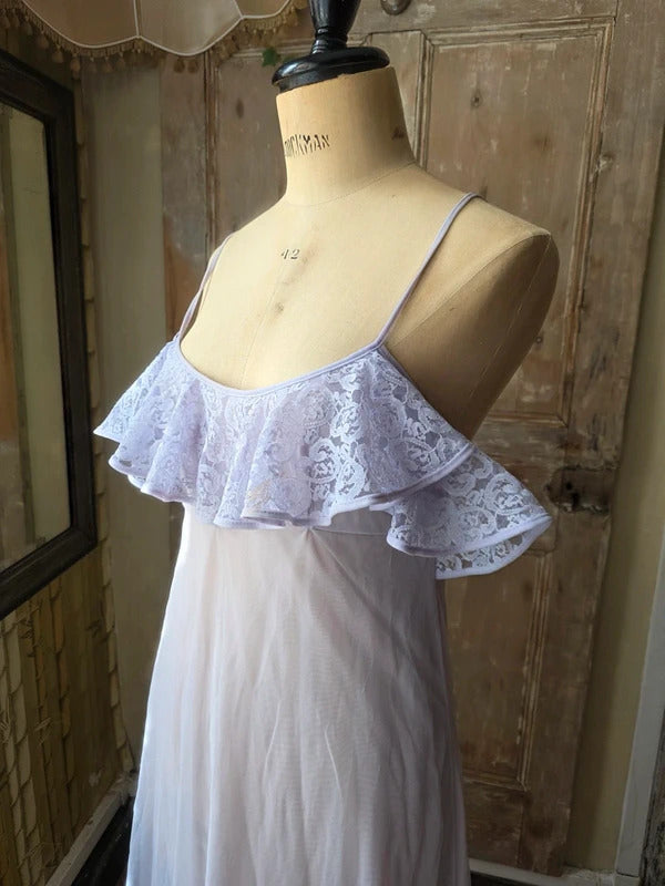 Lilac Maxi Nightgown Vintage 1970s Sheer Nylon with Lace Ruffle
