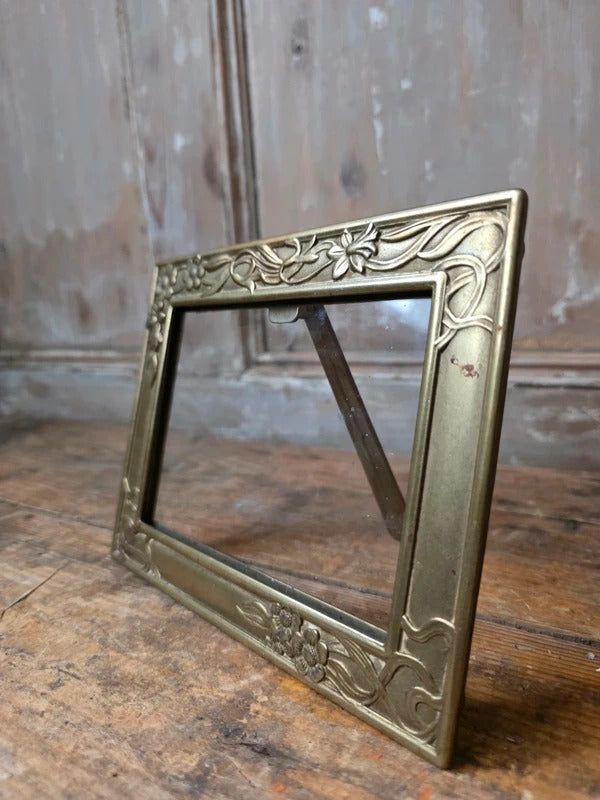 Vintage Art Nouveau Brass Photograph Frame – Floral Relief Easel Back Picture Frame
