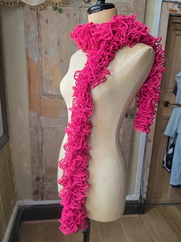 Vintage Y2K Bold Pink Crochet Skinny Ruffle Scarf