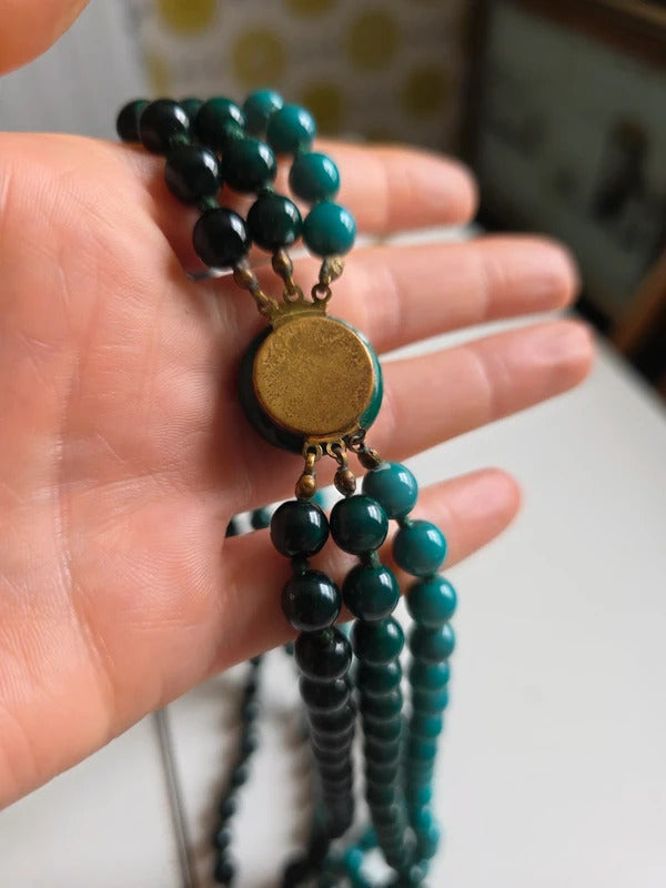 Vintage 1950s–1960s Vintage 3 Strand Green Glass Bead Necklace