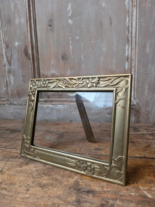 Vintage Art Nouveau Brass Photograph Frame – Floral Relief Easel Back Picture Frame