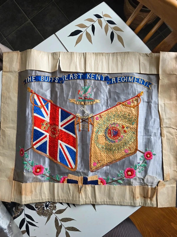 Antique WW1 silk embroidery The Buffs (Royal East Kent Regiment) Silk Regimental Panel