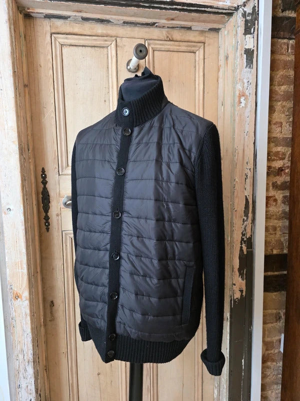 Holland Esquire Quilted Knit Jacket – Black Hybrid Zip & Button Cardigan – Size L