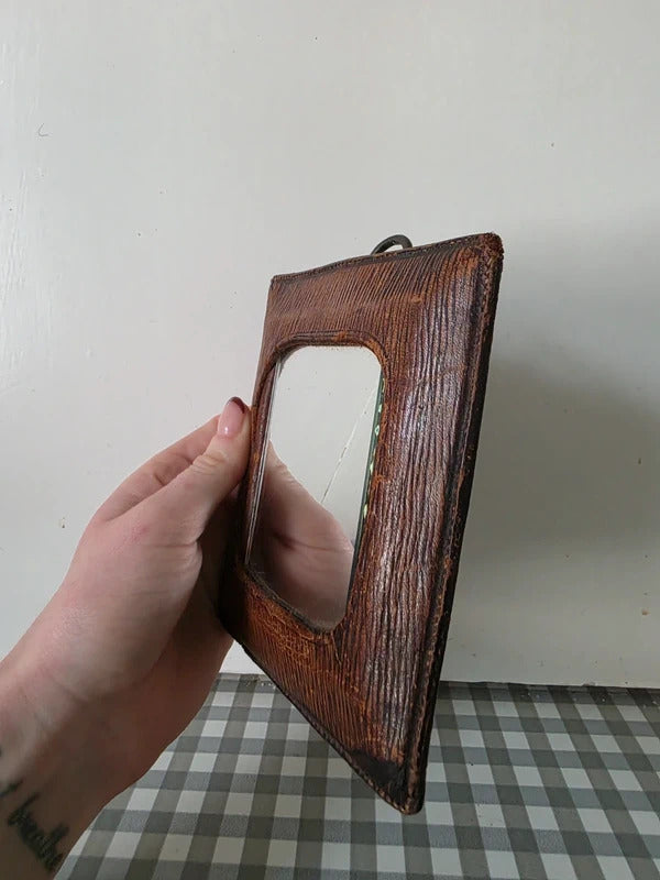 Antique WW1 Leather Travel Mirror Pocket Mirror Military Era