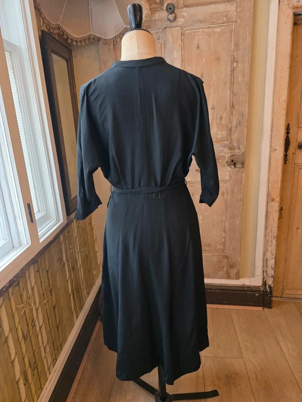 Vintage Late 1930s 1940s Black Wrap Dress Sequin Flower Motifs Swing Skirt UK 14