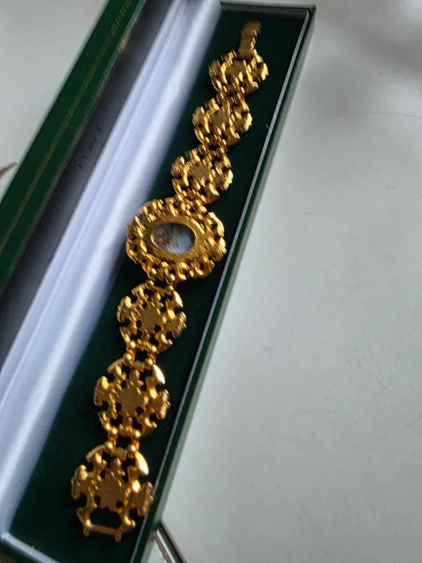 Vintage Mid-Century Gold-Tone Costume Bracelet with Green & Faux Pearl Details