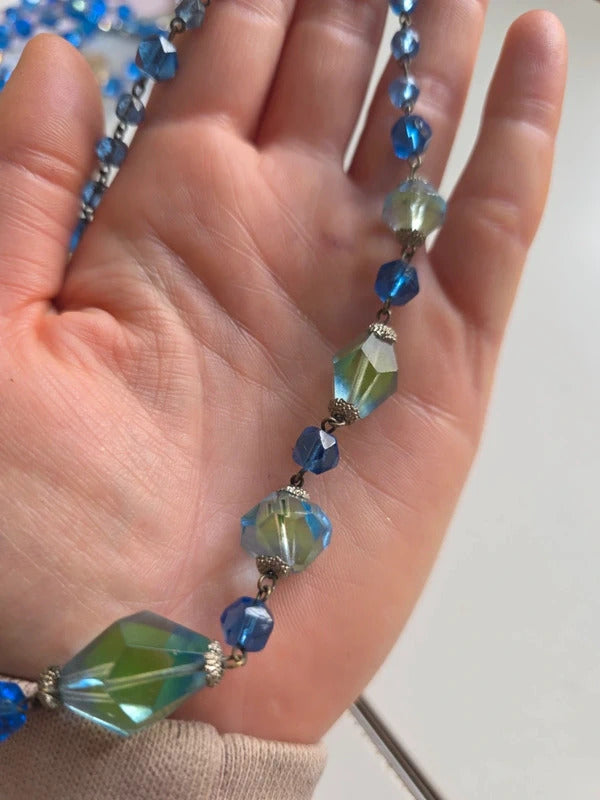 Vintage Czech Bi colour Uranium 1930s Art Deco Faceted Glass Necklace