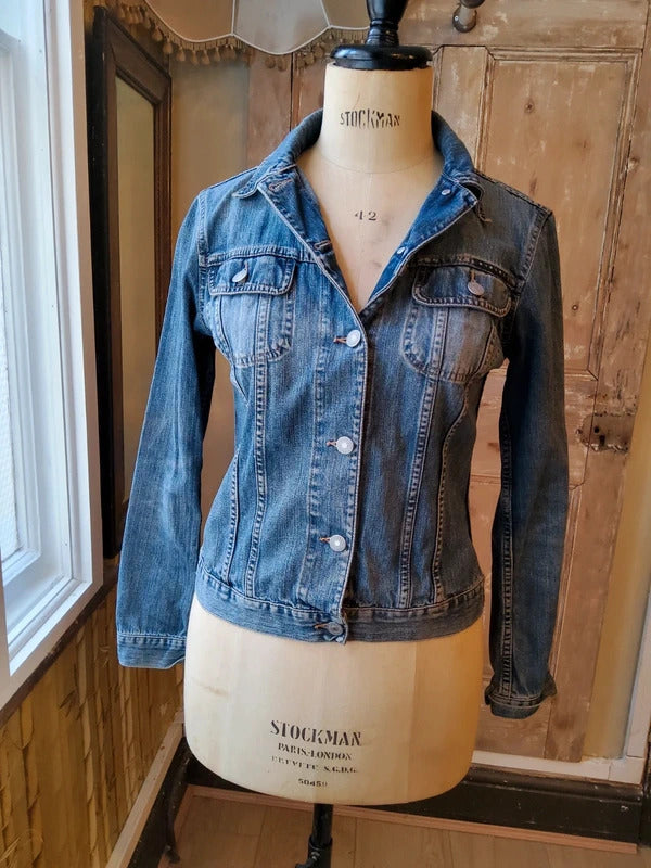 Vintage Y2K Sisley Denim Jacket Fitted Trucker Mid Wash Blue | UK8