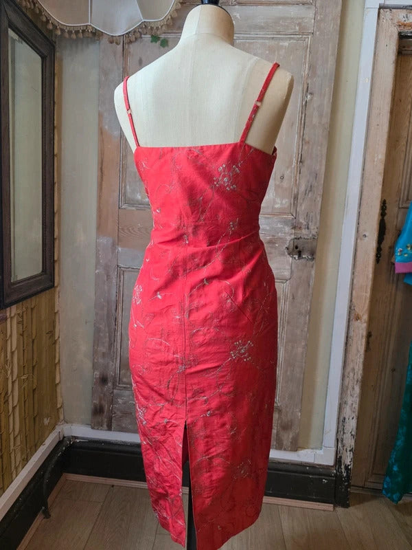 Vintage Y2K Red Silk Embroidered Wiggle Dress | 1950s Pinup Dress | UK 12