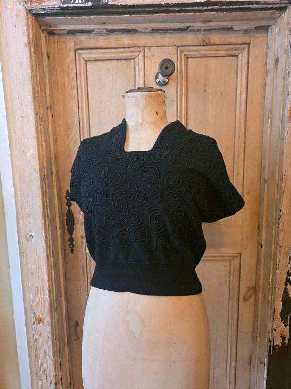 Vintage 1940s CC41 Black Beaded Sweater – Utility Label, Embellished Knit Top