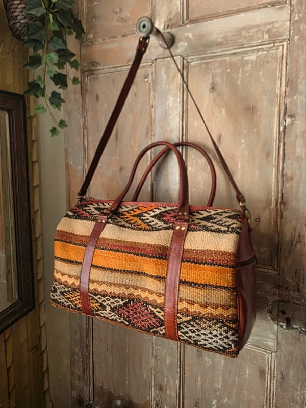 New Handmade Wool Leather Travel Bag Kilim Weekender Overnight Holdall