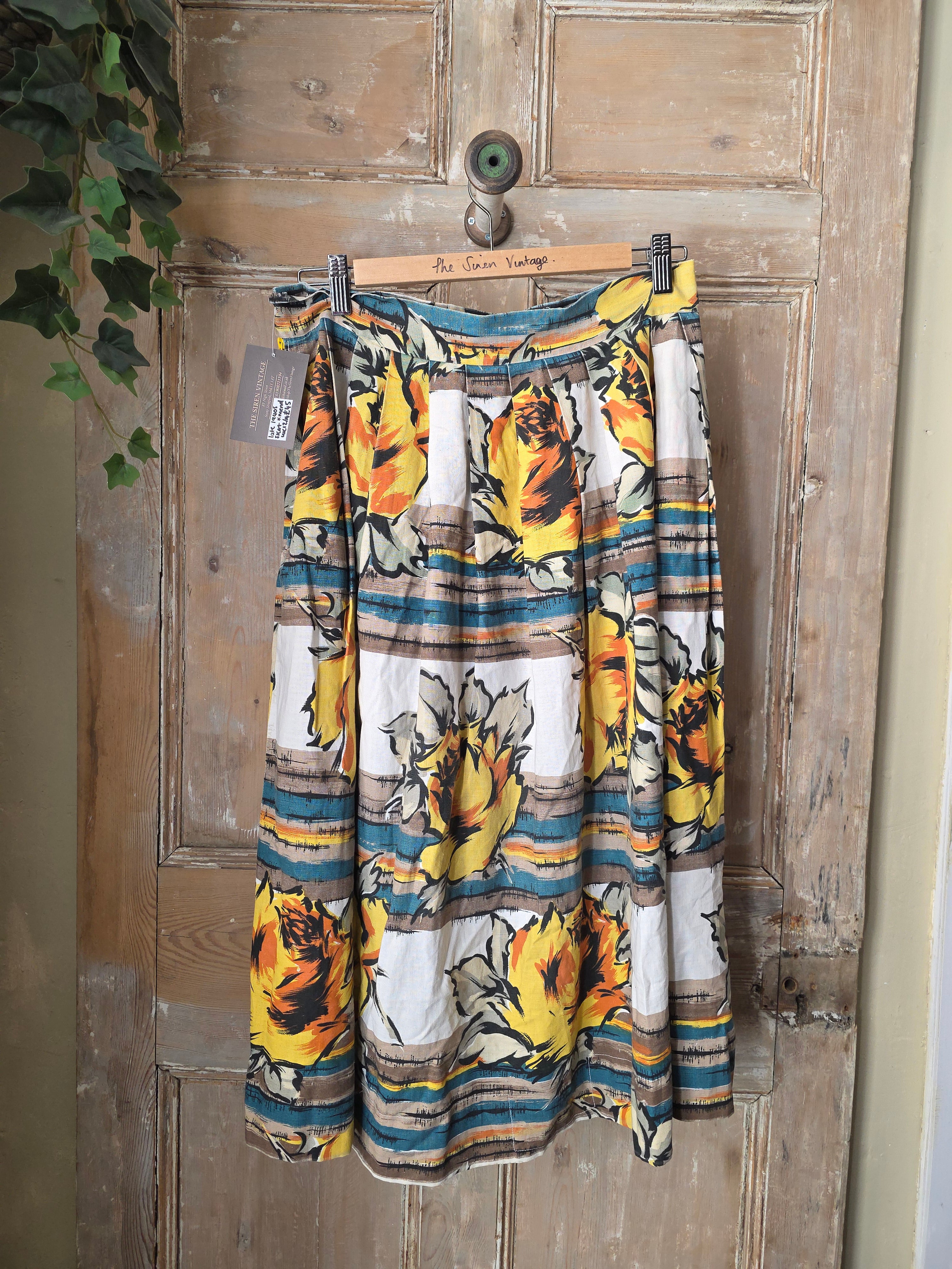 Vintage Late 1940s Yellow Rose Skirt – Make Do and Mend – Bold Floral – UK12