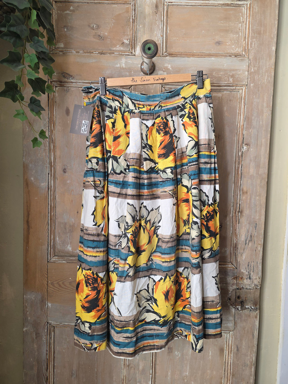 Vintage Late 1940s Yellow Rose Skirt – Make Do and Mend – Bold Floral – UK12