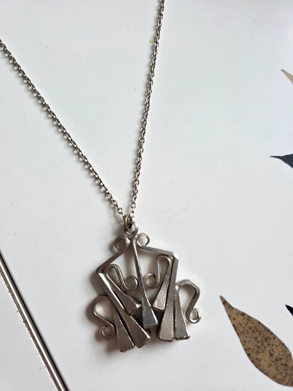 Vintage 1970s  Brutalist Silver Tone Pendant Necklace